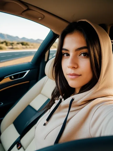 raw photo, a 20-year-old-girl, upper body, selfie in a car, cream color hoodie, inside a car, cara detallada, fondos detallados ...