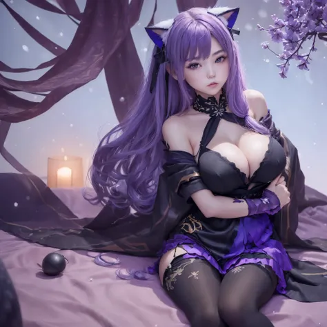 (1 girl:1.5), (black stockings:1.2), (big boobs:1.2), nipples, small nipple area, traditional beauty, Real Skin, gorgeous chinese model, draped in purple and blue silk, hairlong, purple hair, violet eyes, cat ears on top of head, soft, A fluffy, snowy, sce...