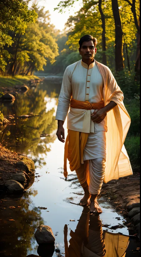 An Indian man(21 years) gracefully draped in a traditional dhoti, walking towards camera along the woods, the soft glow highlighting the traditional attires folds and textures, with the river reflecting the warm colors of dawn on the side, closeup shot, Ph...