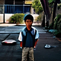 Boy child standing in an old skate park, detailed photo