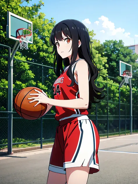 cute basketball girl with black wavy hair standing position, playing basketball, sxspnts, photorealistic