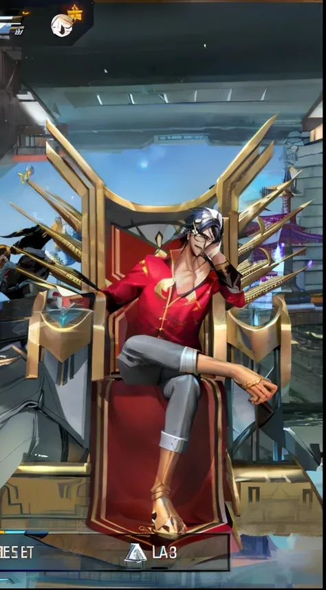 a close up of a person sitting on a throne with swords, sitting on a metal throne, sit on throne, travis touchdown, ingame image, sitting on throne, sitting on a throne, sitting on golden throne, video game screenshot, sitting on the throne, sitting on a g...