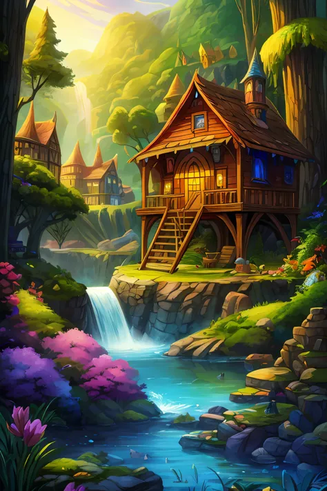 Colorful woods，Cartoon illustration of fantasy forest with tree house and stream, colorful concept art, made of tree and fantasy valley, arte de fundo, fairy kingdom forest, Stylized concept art, enchanted magical fantasy forest, magical fantasy 2 d concep...