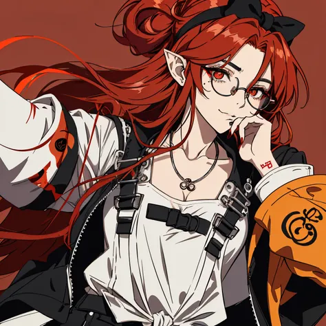 Anime girl with red hair and glasses smoking, style of anime, [[[[Laughed hard]]]], style of anime, ((Red)) eye bags, with index finger, Anime cute art style, ( ( ( Ji Chengyao ) ) ), style of anime, anime art style, 2 d anime style, Demon Killer: River ar...