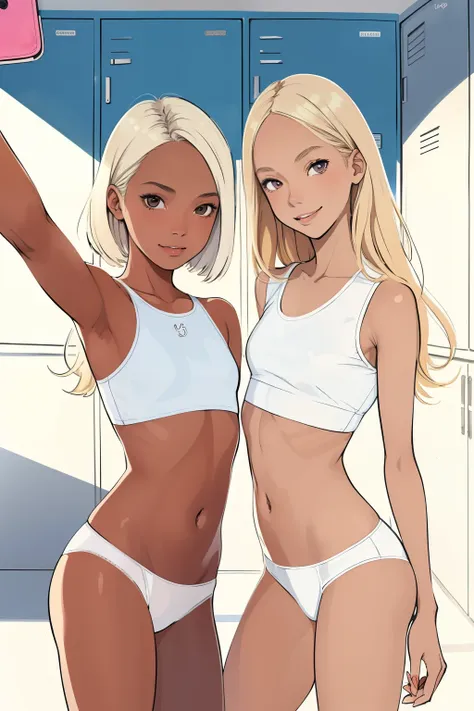 (superflat, flat shading, flat colors:1.1), 2girls, young , schoolgirl, slim, small breast, blonde hair, (tanned skin:0.5), pale...