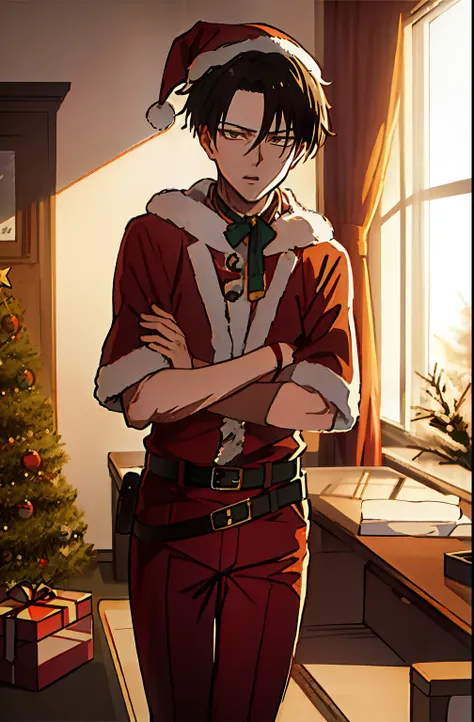 masuter piece, Best Quality, 超A high resolution, top-quality, Anime style, The best lighting, Beautiful face, Levi(1zgame), 1boy, 独奏, santa costume, Red pants, santa hat, a belt, the pose, sportrait, Christmas atmosphere, Christmas present, inside in room,...