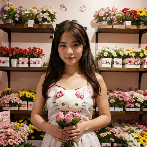 hello kitty in a flower shop asking you to order a bouquets