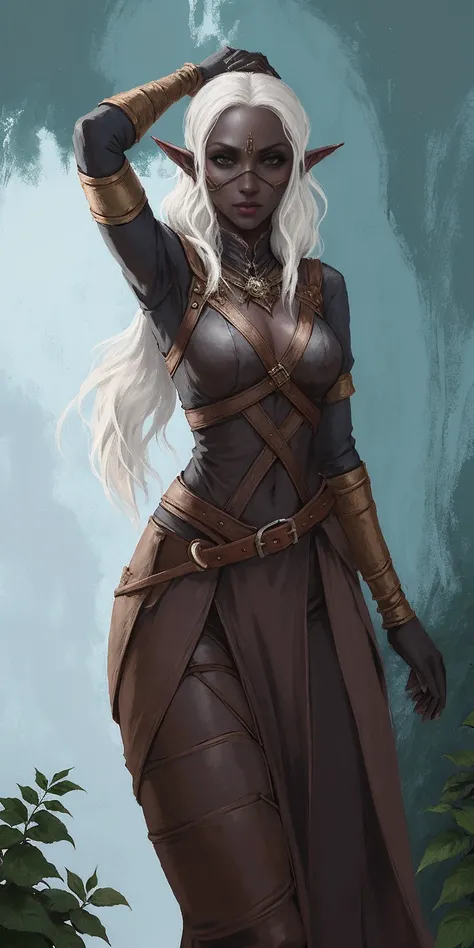 black blindfolded female drow elf slave wearing an adventurer outfit