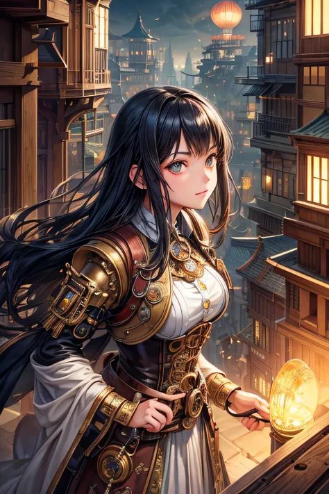 Create an illustration depicting a little japanese girl overlooking a steampunk cityscape. She has raven black hair. The girl should be standing in a vantage point, Rooftops, bridges, etc., Look down on the intricately designed steampunk city below. The ci...