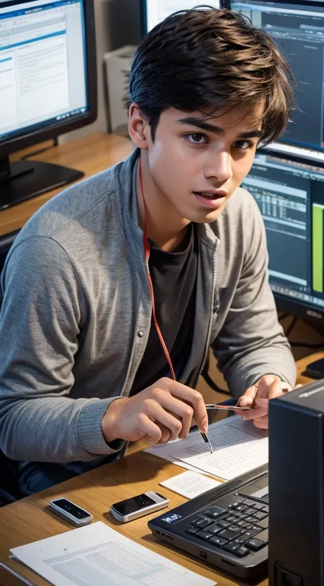 A 24-year-old boy working at a computer monitor, close-up of a surprised expression, ((teenager))