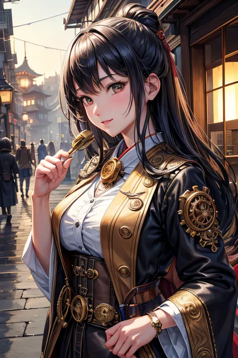 Create an illustration depicting a little japanese girl overlooking a steampunk cityscape. She has raven black hair. Her clothes are japanese style. The girl should be standing in a vantage point, Rooftops, bridges, etc., Look down on the intricately desig...