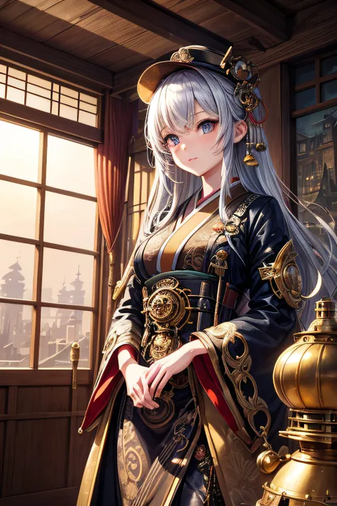 Create an illustration depicting a little japanese girl overlooking a steampunk cityscape. She has silver hair. Her clothes are japanese style. The girl should be standing in a vantage point, Rooftops, bridges, etc., Look down on the intricately designed j...