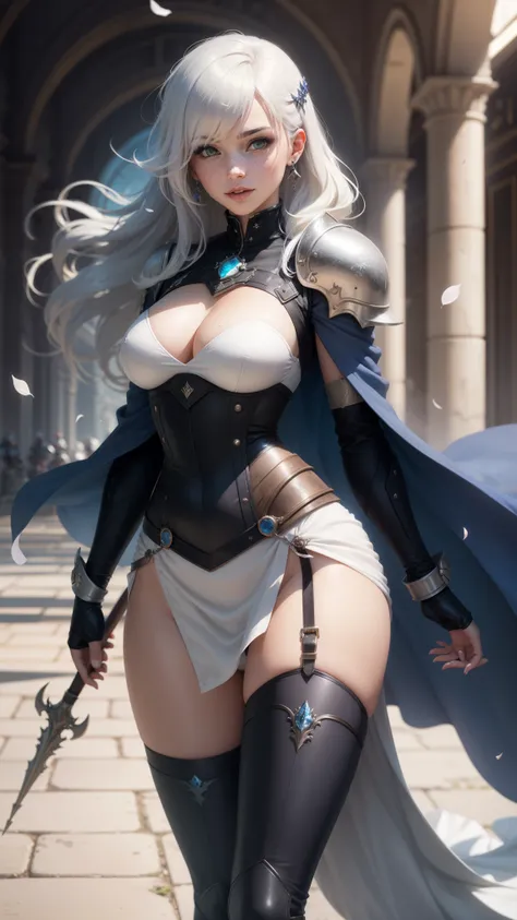 gwen tennyson,yorha 2b,tracer,yshtola rhul,solo girl,overwatch,atelier ryza,close up,valley view,tattoos,royal blue and white plugsuit,white short sleeve knight top,full plate steel knight armor top,long knight skirt,steel knight corset,long curly hair,pri...