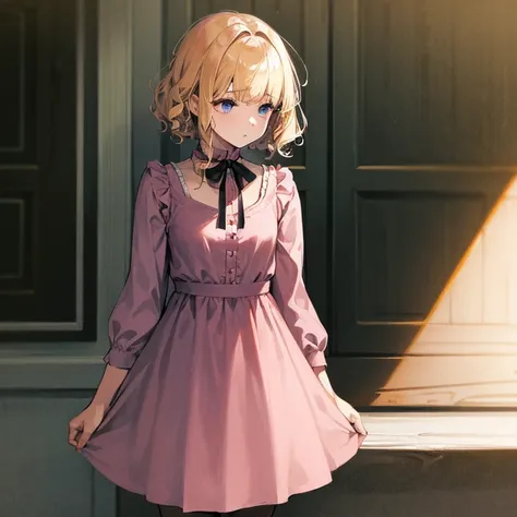 A girl with blonde curly short hair and a pink dress with sleeves in her neck a small white bow and has a little red bow on her hair has white leggings and black Mary Jane shoes and blue eyes.