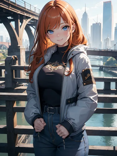 ((masterpiece)), ((best quality)), (ultra-detailed), ((cinematic light)), ((extremely detailed)), (8K), 1 girl, solo, 20 years old, (long ginger hair), parted bangs, detailed blue eyes, (kind smile), brush, white top under grey jacket, huge breasts, upper ...