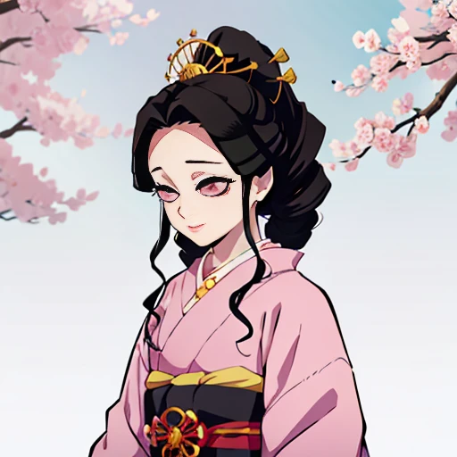 "Kimetsu no estilo yaiba, depicts a single geisha in a splendid kimono, radiating beauty and elegance that has a height of 1,60, I&#39;m 14 years old, she has curly black hair, her hair is dyed, some strands of pink, reminiscent of sakura