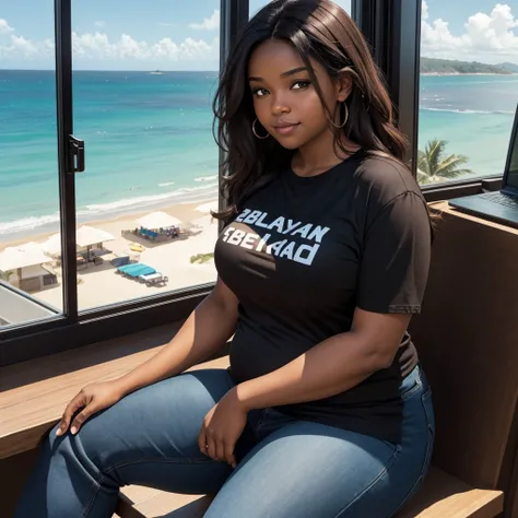 handsome, beautiful, chubby, black woman, smirking, natural brown hair, half body shot wearing a black t-shirt and jeans, small breast, sitting, day trading on a computer with a window with a beach and ocean view in the background