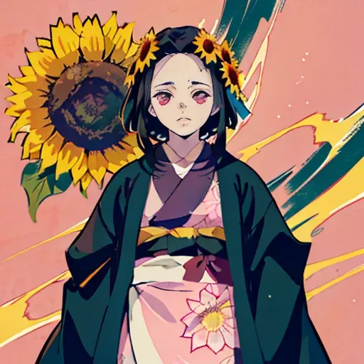 tenho 14 anos ela tinha o ((cabelo cacheado))and black, her hair is dyed, some strands of pink, reminiscent of sakura)) (sunflower breath Kimono Cloak Demon Slayer))(hashira)((com uma Katana Nichirin))  (Kimono Robe Demon Slayer))