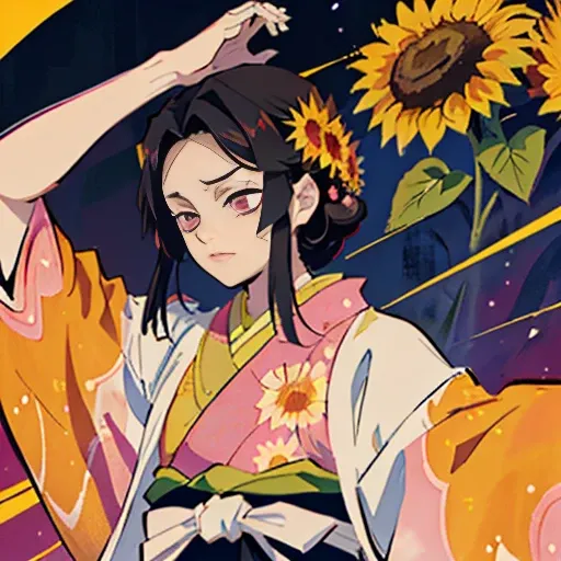 tenho 14 anos ela tinha o ((cabelo cacheado))and black, her hair is dyed, some strands of pink, reminiscent of sakura)) (sunflower breath Kimono Cloak Demon Slayer))(hashira)((com uma Katana Nichirin))  (Kimono Robe Demon Slayer))