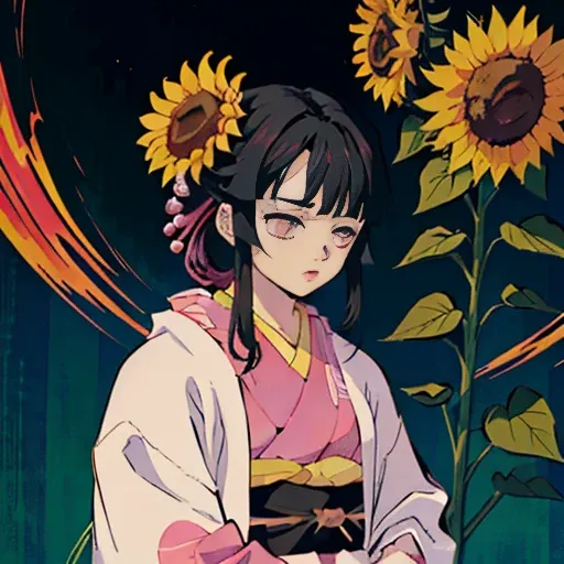 tenho 14 anos ela tinha o ((cabelo cacheado))and black, her hair is dyed, some strands of pink, reminiscent of sakura)) (sunflower breath Kimono Cloak Demon Slayer))(hashira)((com uma Katana Nichirin))  (Kimono Robe Demon Slayer))