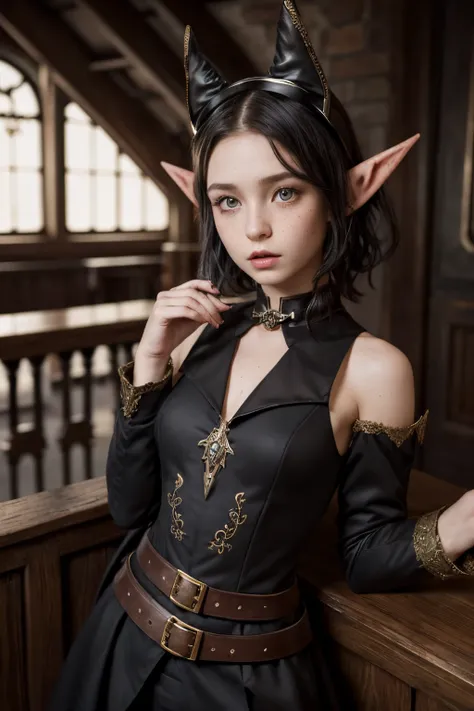 (Dark Academy Style), (1Girl, Russian model face, ((Two Little cute Elf ears)), Cute, beautiful, freckles), (Short black hair), Wearing formal steampunk clothes, (Looking at POV)