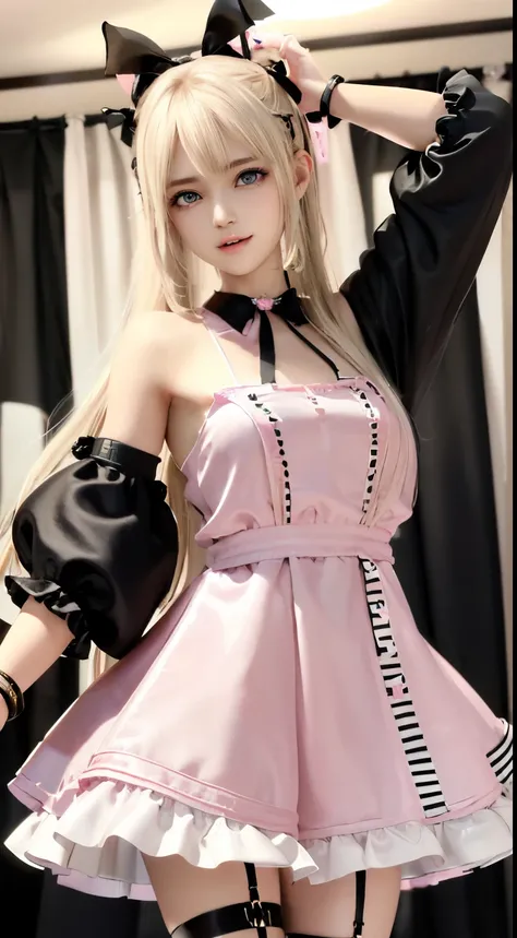 marie rose、blondehair、((12year old)), hair((wavy, black)), eyes((smart eyes, black)), clothes((satin, mini dress, ribbon trim, l...