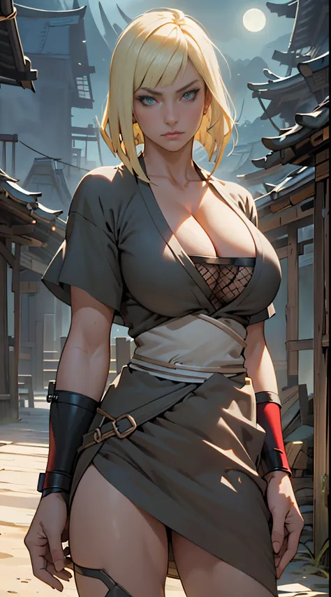 Masterwork, Best Quality, ultra-detailed, dynamic lighting, cinematic lighting, Gigantic boobs, sexy body, (huge titties, masterpiece, best quality, samui, black kimono, cleavage, vambraces, cowboy shot, looking at viewer, emotionless, perfect face, perfec...