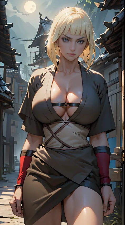 Masterwork, Best Quality, ultra-detailed, dynamic lighting, cinematic lighting, Gigantic boobs, sexy body, (huge titties, masterpiece, best quality, samui, black kimono, cleavage, vambraces, cowboy shot, looking at viewer, emotionless, perfect face, perfec...