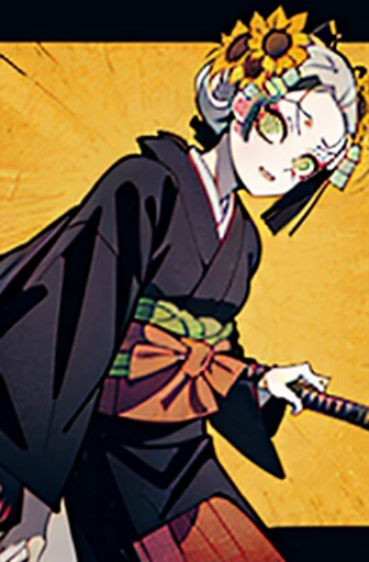 Kimetsu no estilo uma garota com cabelos curtos e pretos olhos castanhas um o com kimono Preto e rosa com sakuraaster part))(sunflower breath Kimono Cloak Demon Slayer))(hashira)(com uma Katana Nichirin)