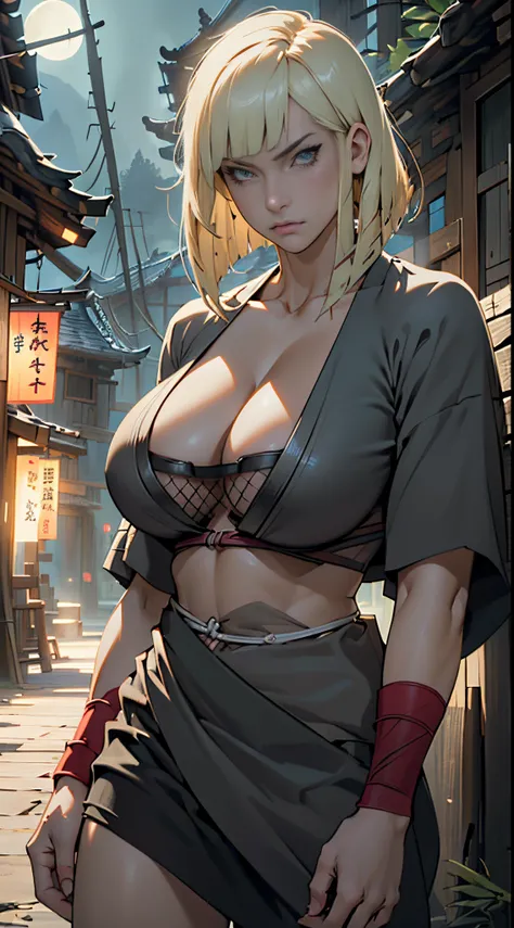 Masterwork, Best Quality, ultra-detailed, dynamic lighting, cinematic lighting, Gigantic boobs, nipples, huge cleavage, (huge titties, masterpiece, best quality, samui, black kimono, cleavage, vambraces, cowboy shot, looking at viewer, emotionless, perfect...