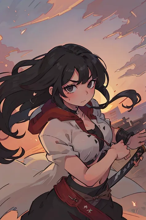 ((best quality)), ((masterpiece)), (detailed), perfect face, girl, warrior, sexy samurai armor, wielding katana, red-orange sunset, japanese garden, tan skin, midriff, ((long cloak)), ((long black hair)),