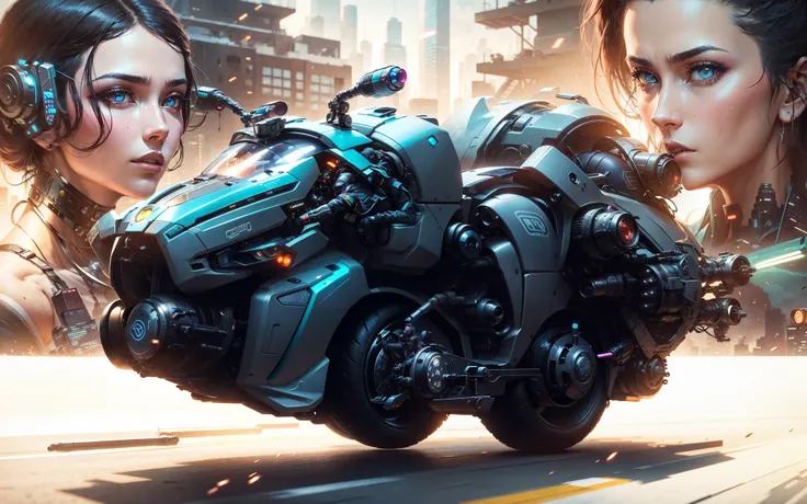 A Cyberpunk Hover Motor Bike carrying missiles in the foreground, close-up of 2 beautiful cyberpunk drivers with cyberpunk accessories and a cyberpunk city full of cyberpunk buildings and life in the background