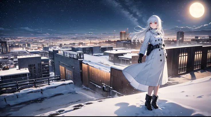 Post-Soviet Realistic Landscape, Snow, Gray Tones, Khrushchev Buildings, Night, Stars In The Sky, Moon In The Sky, Female Anime Character standing on the roof, white hair, cute face, red eyes, from above