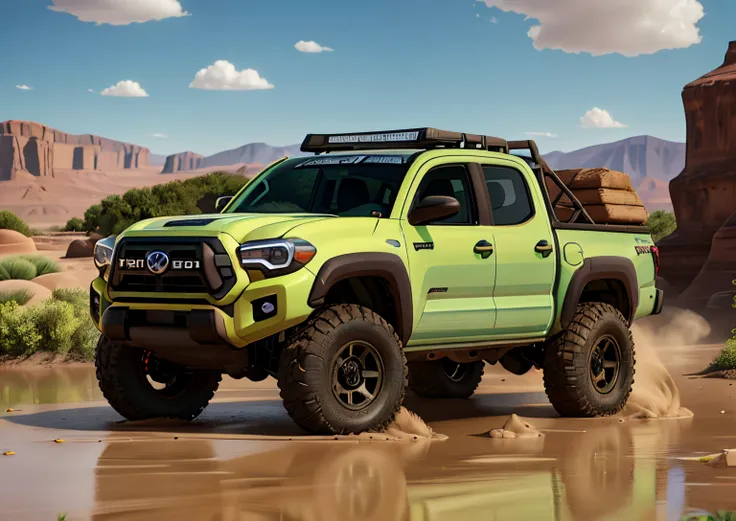 chartreuse 2023 toyota tacoma 3/4 shot offroading in the mud with pixar cars style eyes on the windshield and tongue hanging out