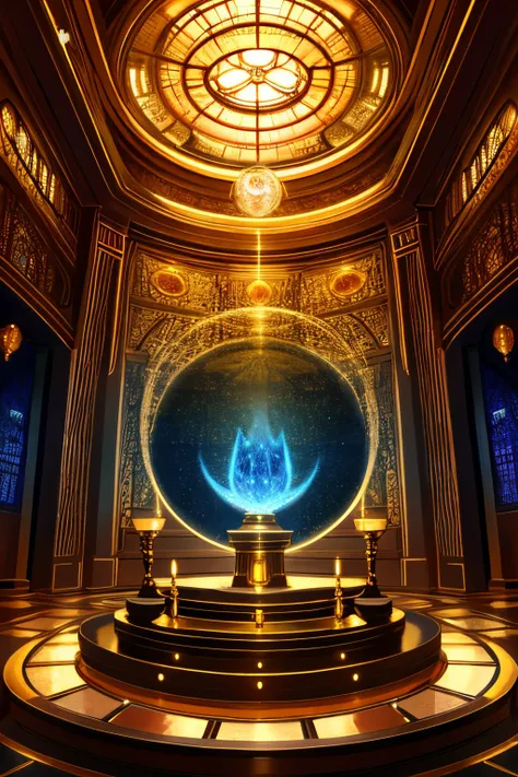 Sci-fi , round sealed room of gold and glass , altars surrounding room , Natural elements on altars , magic floating through the air , colorful elements , high details , realistic