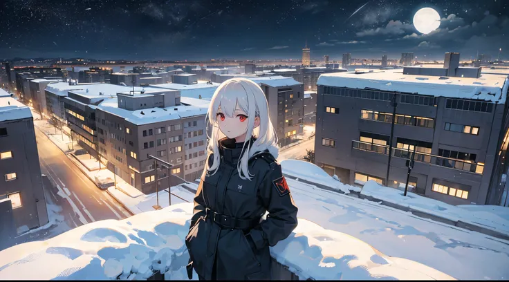 Post-Soviet Realistic Landscape, Snow, Gray Tones, Khrushchev Buildings, Night, Stars In The Sky, Moon In The Sky, Female Anime Character standing on the roof, white hair, cute face, red eyes, from above