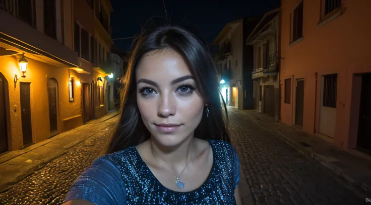 (Foto selfie, desde arriba:1.4), (postrait medio cuerpo:1.4), RAW uhd portrait photo of a 24 year old blonde (Mujer de ojos azules) walking down a dark alleyway, pecho natural, Antecedentes nocturnos de la ciudad, (Vestido de sol azul), (escote), Detallado...