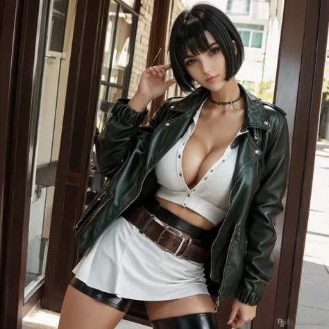 Beautiful girl, short black hair, with slightly messy bangs. Dark, penetrating brown eyes. Thin and marked build.  short black leather skirt, a loose white shirt and a plaid green jacket. She completed her outfit with tall boots. Big tits