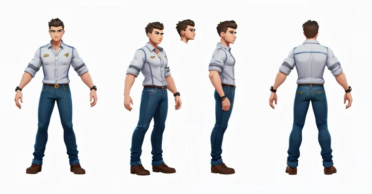 a close up of a person in a shirt and jeans, character posing for concept art, male character design, character design, character artwork, official character art, human male character art, character model sheet turnaround, professional character design, fu...