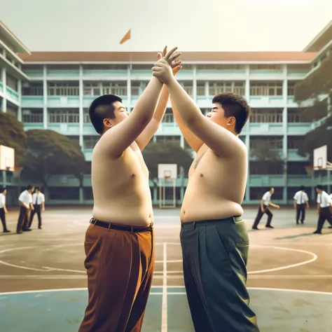 They are two men standing on the basketball court holding hands, Inspired by Zhang Kechun, author：Fei Danxu, an award winning photograph, Morbily obese, ruan jia and fenghua zhong, inspired by Fei Danxu, big and fat, middle school, Cheng Zhengkui, beat up,...