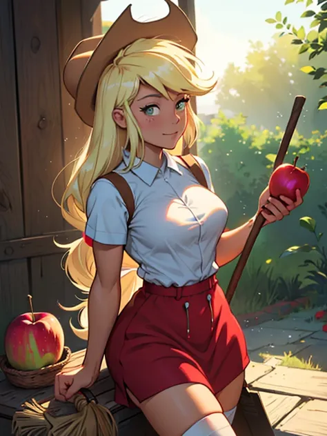 AppleJack, Applejack from my little pony, big breastes, Lush breasts, elastic breasts, exuberant hair, straight hair, red elastic band on the hair, toned body, brawn, housemaid, sex maid uniform, pretty, broom in hand, fishnet stockings, beste-Qualit, Very...