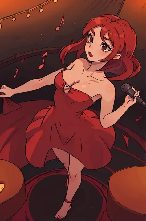 girl, long red hair, full body, long red elegant dress, standing straight, singing a seductive song on stage of a jazz club, bare shoulders, show a little ankle, holding a standing microphone