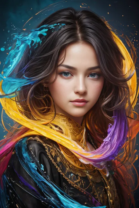 Colorful beautiful girl: a giru 8-years old, messy hair, oil painting, nice perfect face with soft skinice perfect face, blue yellow colors, light purple and violet additions, light red additions, intricate detail, splash screen, 8k resolution, masterpiece...