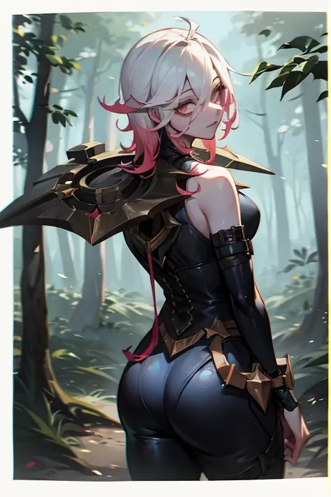 black body suit, briar, league of legends, white hair, white eyes, in woods, back turned