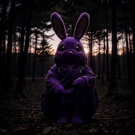 A creepy purple bunny sitting in a dark forest