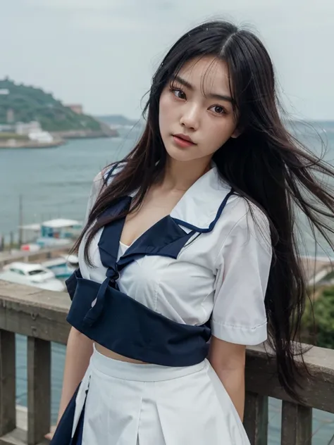 Beautuful Women，Korean girl，Air bangs，Long black hair，slender，High image quality，a sailor suit，dark blue skirt，In the daytime，seaside，face clear，Double eyelids，largeeyes