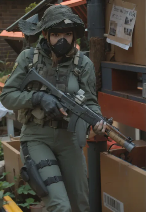 Mulher, 24 anos, Pele clara, mascara de gas, com coldre, with military weapon in hand, com luva, cabelo longo escuro, olhos escuro, com mochila grande.