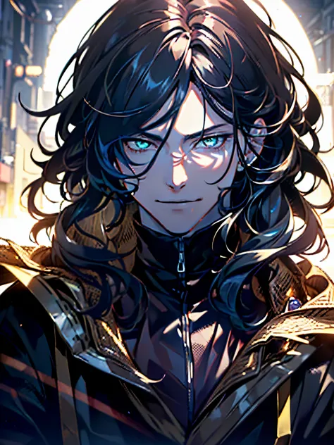 (best quality,4k,8k,highres,masterpiece:1.2),ultra-detailed,(realistic,photorealistic,photo-realistic:1.37),anime,boy,wavy hair,black hair,glimmering eyes,golden eyes,shirt,cloak,dark clothing,arrogance,portrait,upper body,aura,blood,madness,smirk