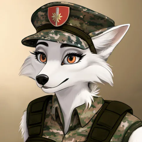 Artic Fox, ((white fur)), female, cute, military vest,