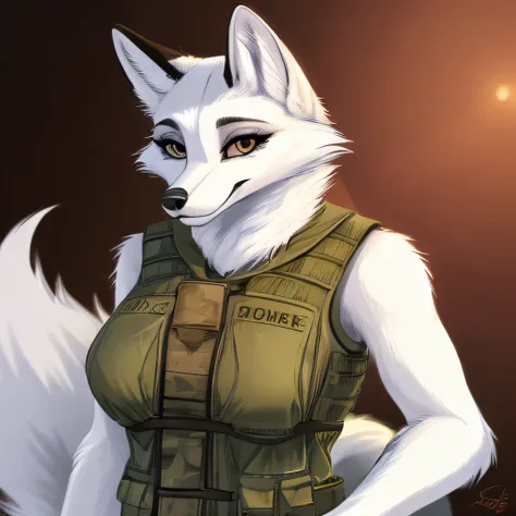 Artic Fox, ((white fur)), female, cute, military vest,